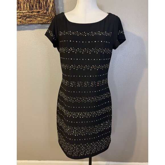 WHBM Dress M Stretch Black Gold Silver Studded Short Sleeve Washable - Picture 4 of 10
